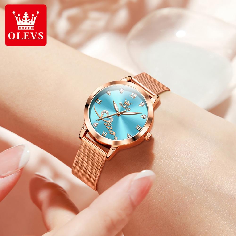 OLEVS Luxury Love Heart Diamond Ladies Watches Stainless Steel Mesh Strap Waterproof Quartz Wristwatch for Women Gift