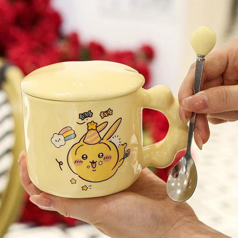 Cute Butter Ceramic Cup Mug with Lid Spoon High Value Birthday Gift Opening Event Souvenir Gift Cup