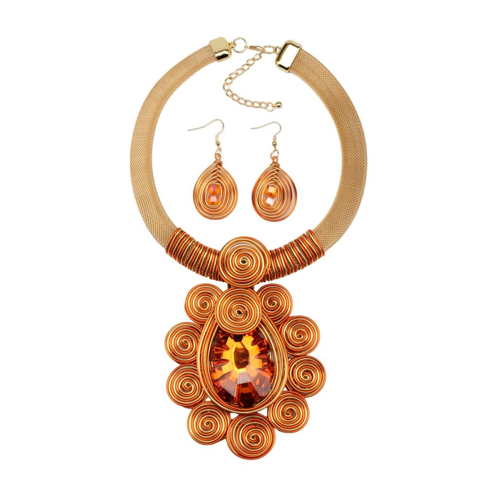 Crystal Pendant Necklace Earrings for Women Chunky Statement Flower Festival Ethnic Tribal Jewelry Accessories