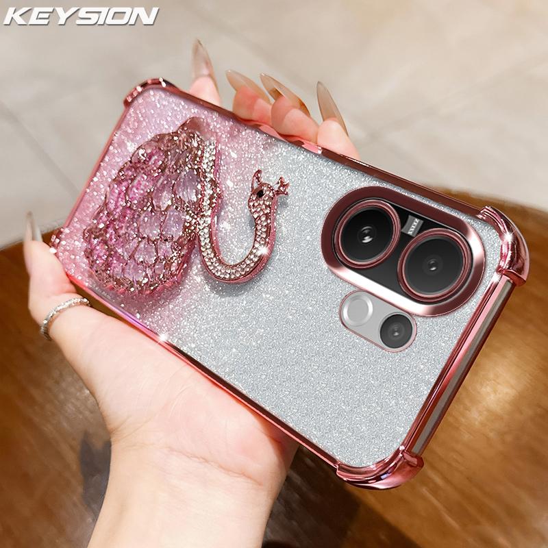 KEYSION Shockproof Plating Phone Case for VIVO V60 5G Clear Soft TPU Glitter Jewelled Swan Kickstand Back Cover for VIVO V60