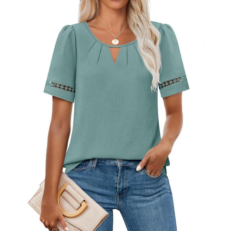 

Летняя женская элегантная футболка с кружевом и полым рукавом, однотонная, без пуговиц, с коротким рукавом XXL зелёный