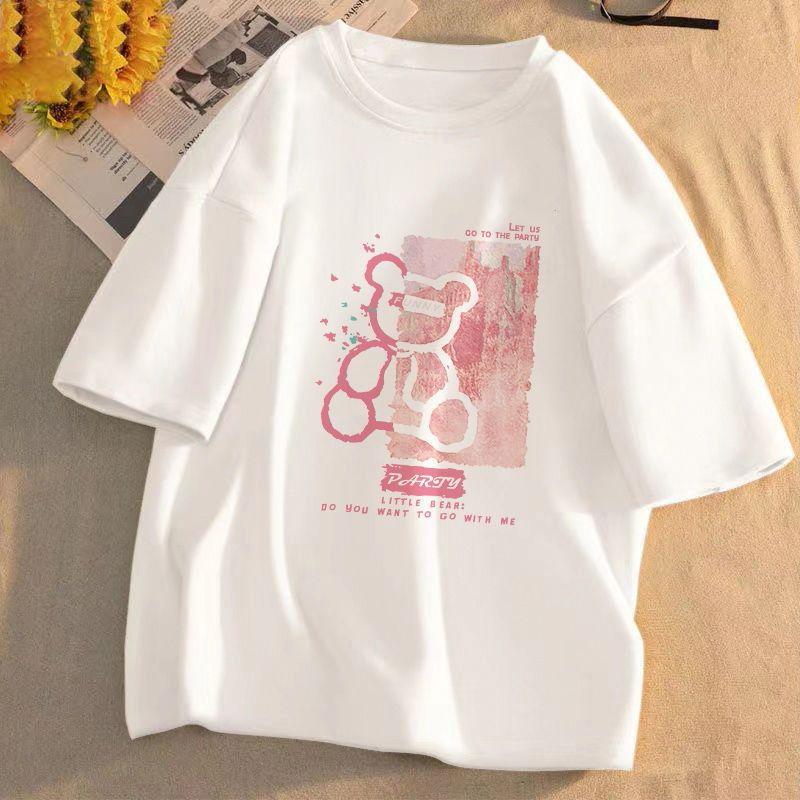 

White Loose Short Sleeve T-Shirt Women s New Arrival Summer K-style Student plus Size Half Sleeve T-shirt Korean Style Chic Tops Fashion Pink half-sided bear [high quality]] M