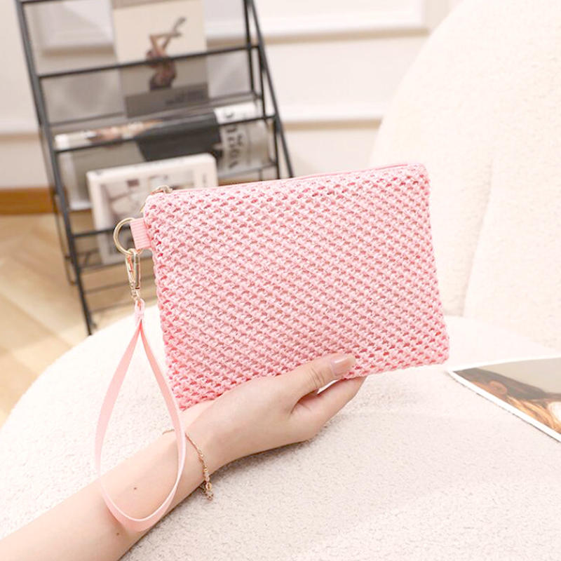 Fashion Straw Woven Bag For Women Hollow Out Beach Handbag With Wrist Strap Portable Phone Purse Solid Color Simple Cash Bag Summer Accessory