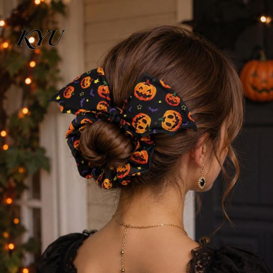 Halloween Hair Ties for Women Bat Shape Scrunchies Girls, Soft Elastic Ponytail Holders with Spooky Pumpkin/Spider Web/Black Cat Prints Holiday Party