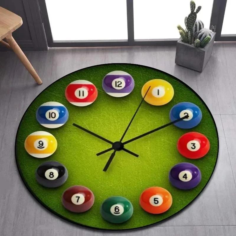 Billiard Clock Print Round Carpet Soft Area Rug for Bathroom Bedroom Living Room Doormat Gaming Chair Decor Non-Slip Floor Mat