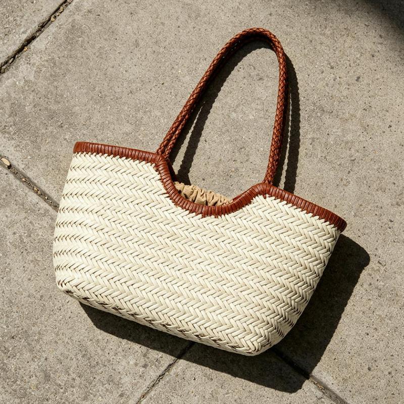 French Retro Woven Handbag With Lining Genuine Leather Handmade Woven Basket Ins Simple Style Women Shoulder Bag Underarm Bags