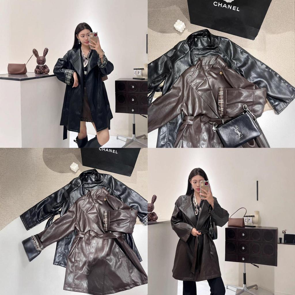 Minimalistischer karierter Ledertrenchcoat für Damen