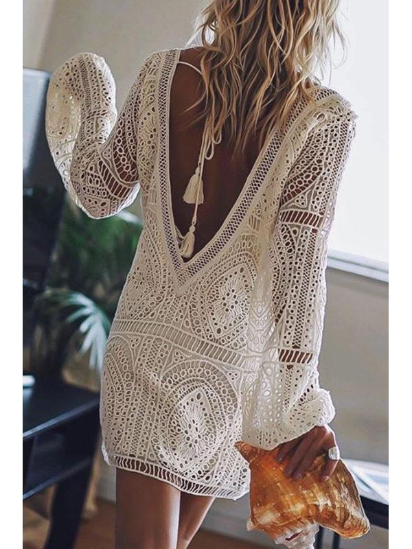 2025 Amazon perspective hollow loose beach blouse European and American long-sleeved V-neck lace women S белый