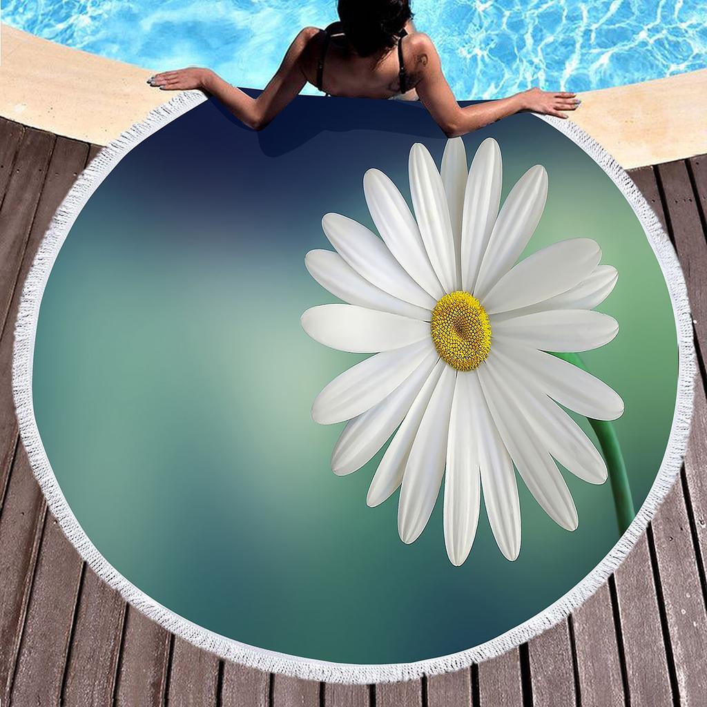 Floral Daisy Round Beach Towel,Microfiber Beach Blanket Sand Free Quick Dry Swim Pool Bath Circle Towel with Tassel for Teen Men