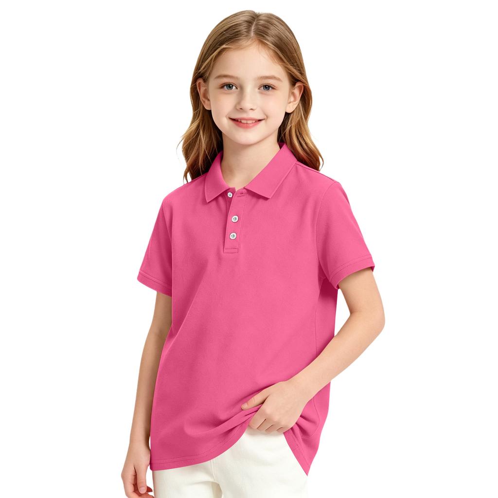 Girls' Short Sleeve School Uniform T-Shirt with Three Button Placket