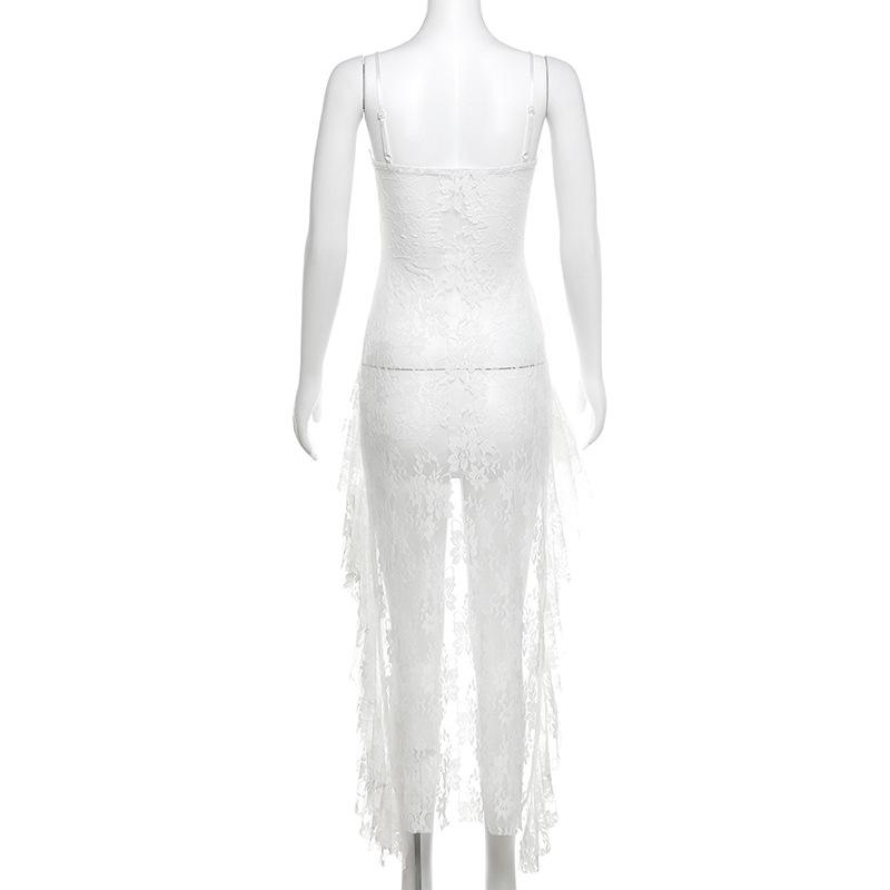 2024 Summer Women's Hollow Lace Irregular Hem Dress - European & American Sexy Chic
