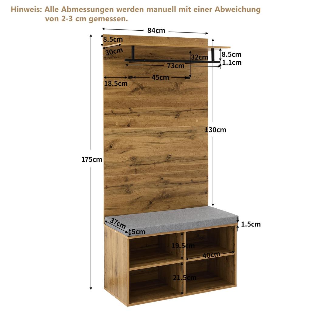 Flurgarderoben Set 175cm hohes, Stylishe Schuhbank, Regal, Kleiderhaken, Kleiderstange, Wandgarderobe verstellbarem Regal, Holzfarbe