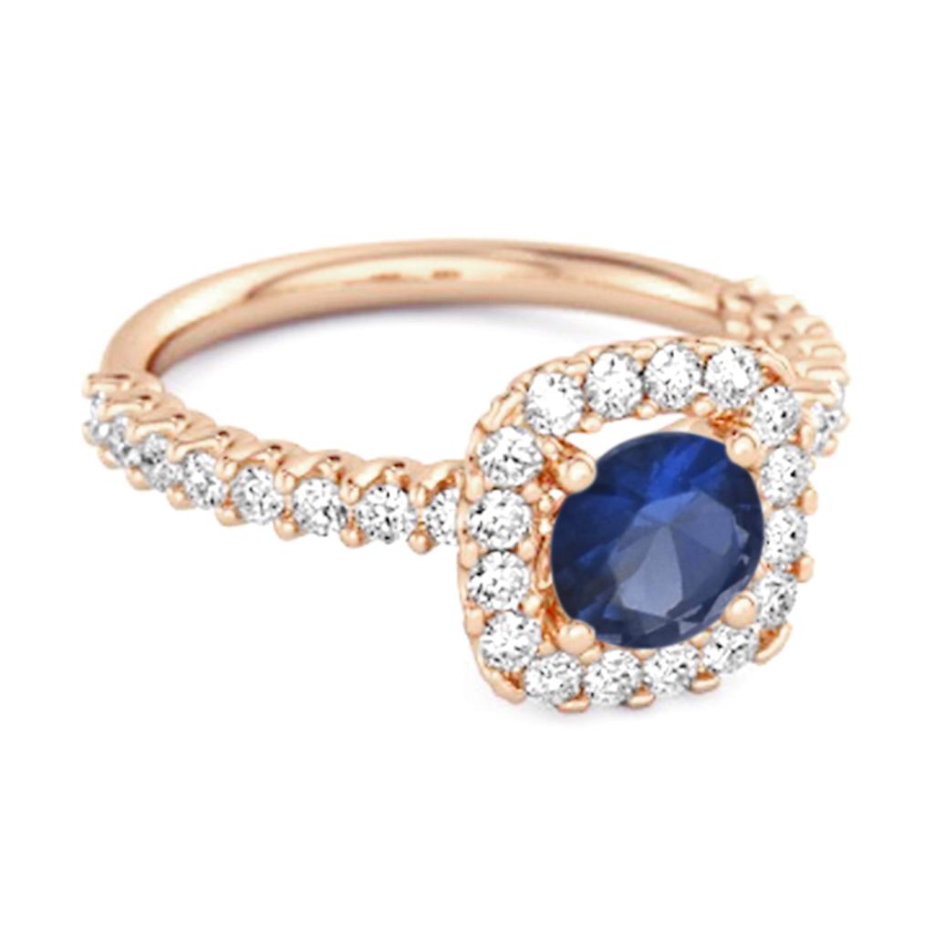 Blue Sapphire Round Cushion Halo Ring - 925  Sterling Silver Rose Gold Vermeil