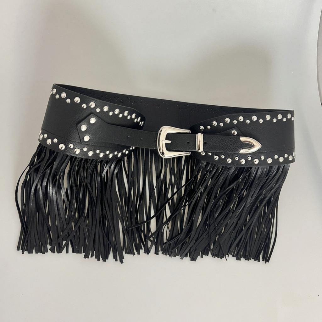 Amber Tassel Belt, European and American Punk Style, Distinctive Long Tassel Dress, Women's Waist Seal, Fashionable Riveted Wide Belt Waist Dress