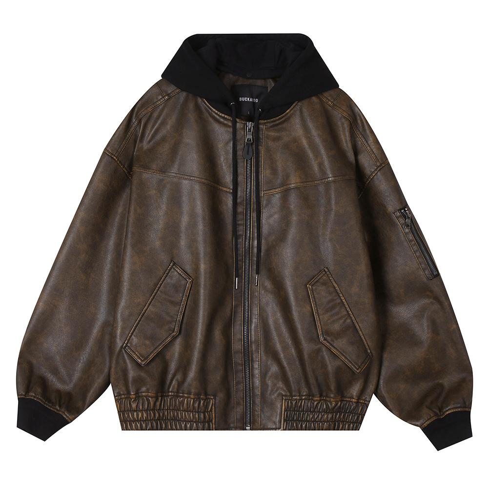 Buckaroo Faux Leather Detachable Hood Bomber Jacket Black
