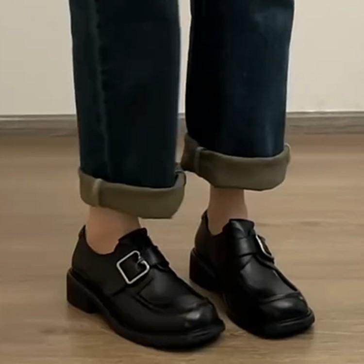 British temperament square head thick heel single shoes women's retro platform heightening loafers small leather shoes