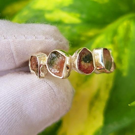 Natural Raw Bicolor Tourmaline Gemstone 925 Sterling Silver Eternity Ring 9 US