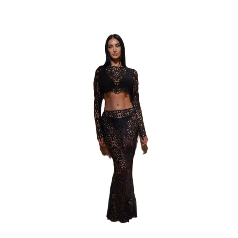 Slim Cut Lace Top and Skirt Set Slim Fit Hollow Lace Top and Skirt Sets