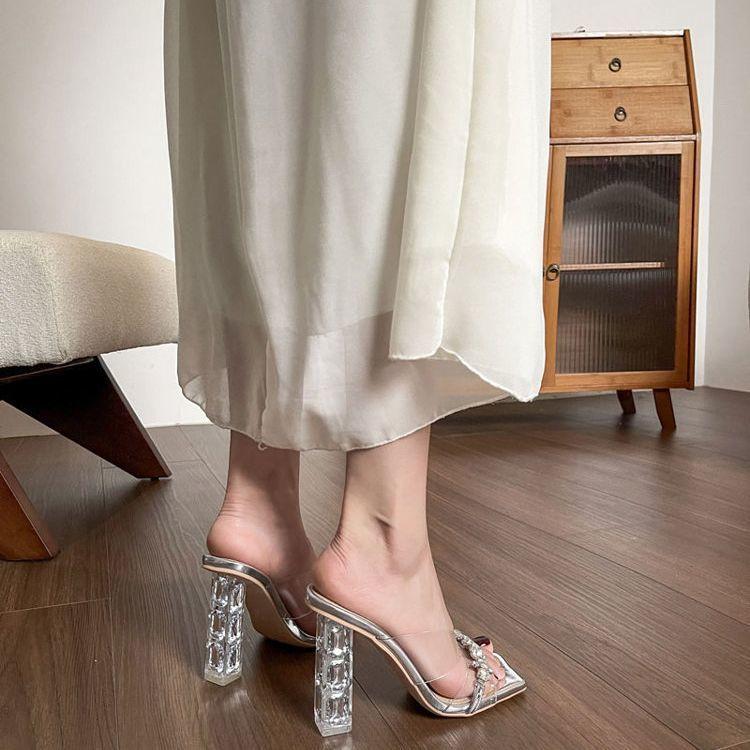 2025 Transparent Word with High Heels Cool Slippers Crystal Heel Thick Heel Fairy Wind Square Head Rhinestone Sandals Female Summer Wear