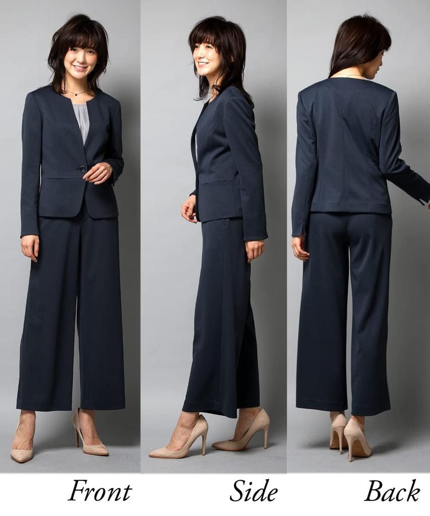 Pantsuit Pantsuit Jacket Kanoko Jersey Grayish Navy L [Nissen] Women's Suit Semi-wide (Collarless + Pants) (SOBODY Series) (New Size)