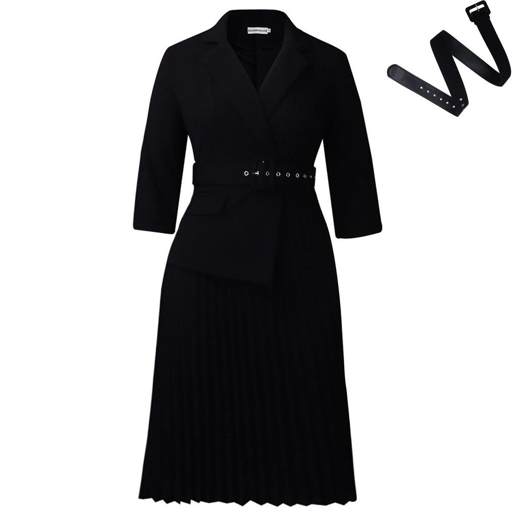 European & American Women's Autumn/Winter Pleated Suit-Collar Dress
