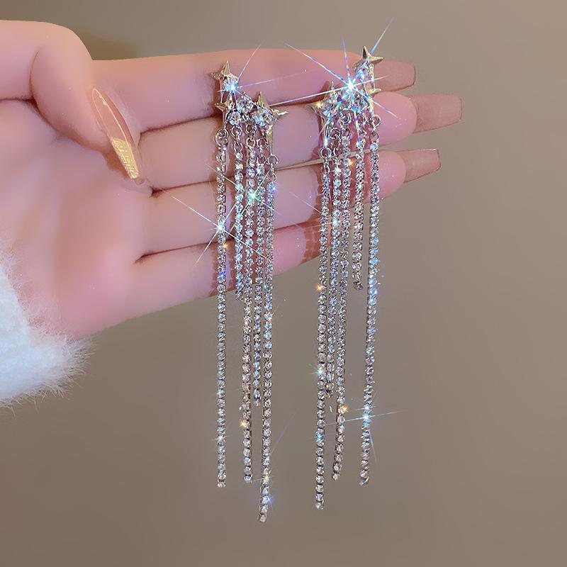 

New Rhinestone Tassel Chain Earrings for Women Bling Luxury Zircon Long Drop Earring for Elegent Banquet Jewelry Daily Wear