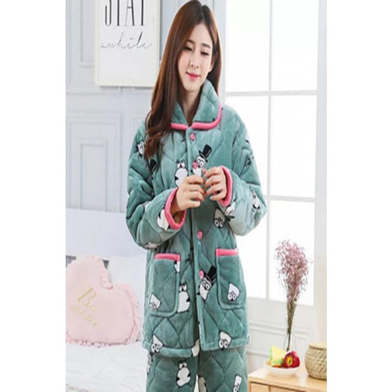 Coral fleece women's pajamas three-layer padded cotton thickened pregnancy postpartum breastfeeding set thermal loungewear