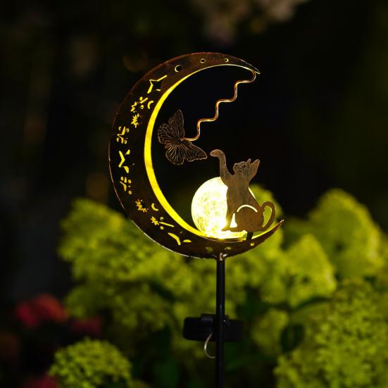 Solar Animal Garden Light, Moon Cat Bird Dog Solar Light with Metal Stake, Solar Powered Outdoor Animal Crescent Light for Patio Pathway Yard Decor