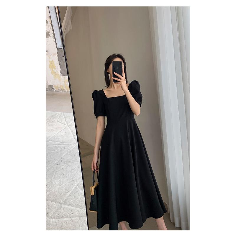 Summer Short Sleeve Square Neck Elegant Women Dress Fashion Loose Slim Fit Casual Office A-line Party Dresses Female Simple Solid Color Woman Clothing