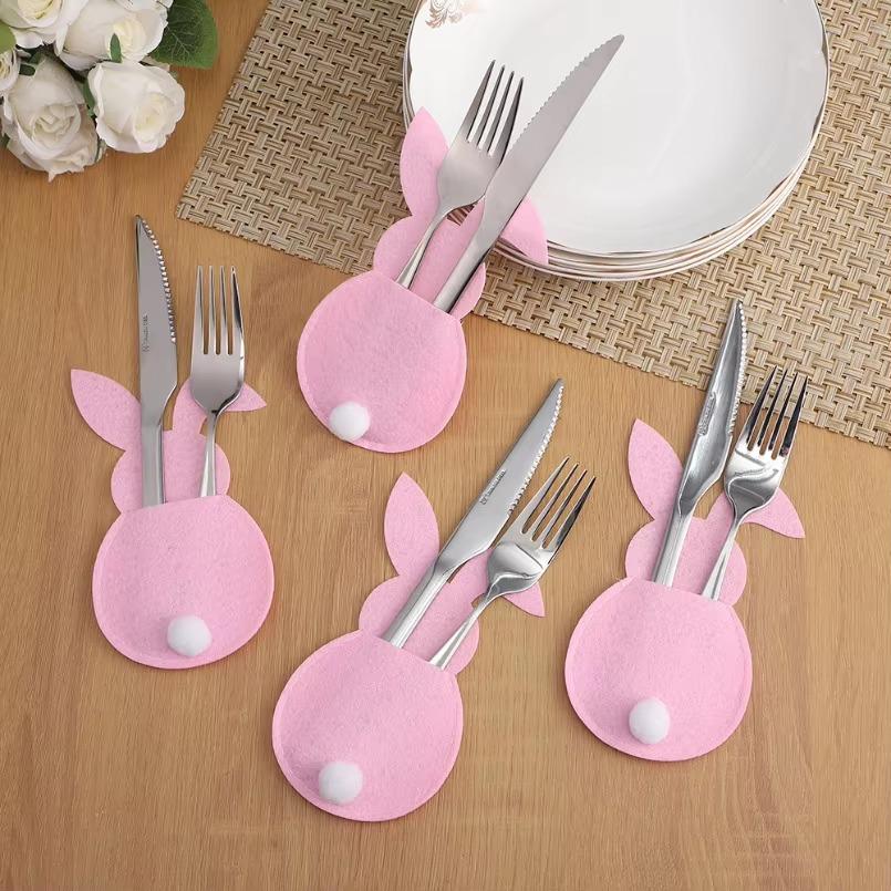 4Pcs Easter Bunny Felt Cutlery Holder Bag Happy Easter Decorations for Home Tableware Accessories Rabbit Cutlery Cover Bag Table