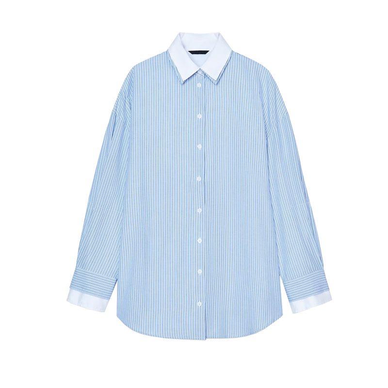 Spring New Women's Clothing Single Row Multi-Buckle Stripes Poplin Long Sleeves Lapel Casual Shirt Tops 2796545