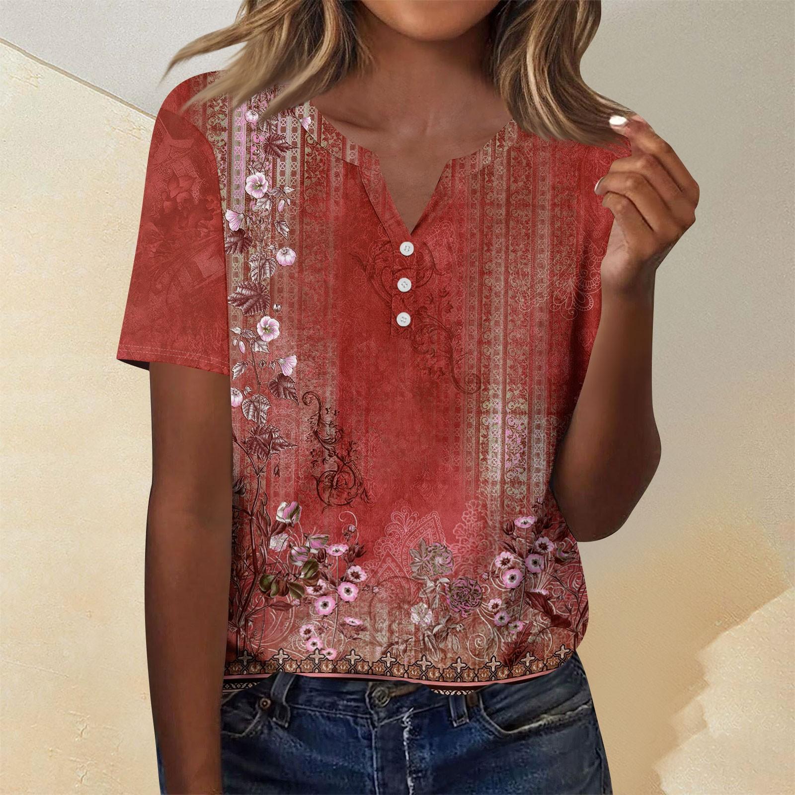 

Женская мода повседневный короткий рукав цветочный принт топ XXXL красный