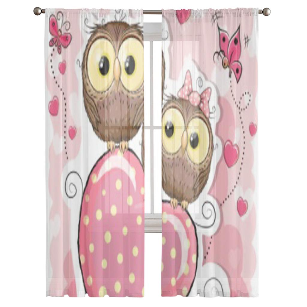 Cute Owls Heart Pink Sheer Curtains for Living Room Transparent Tulle Window Treatments Bedroom Kitchen Home Decor Veil Drapes