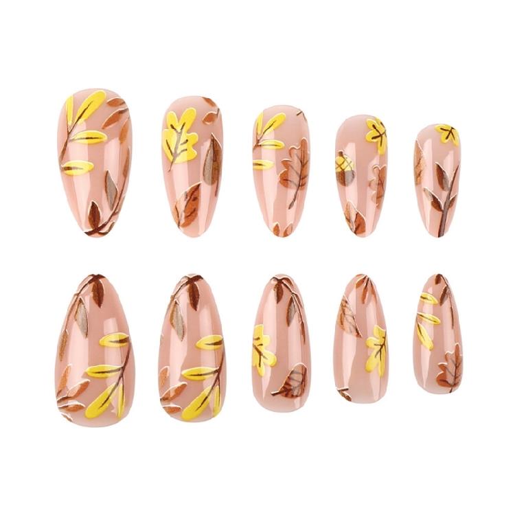 24Pcs Maple Leaf Desings Halloween Stick on Nail Thanksgiving Gift Almond False Nails for a Festive Autumn Nail Makeover