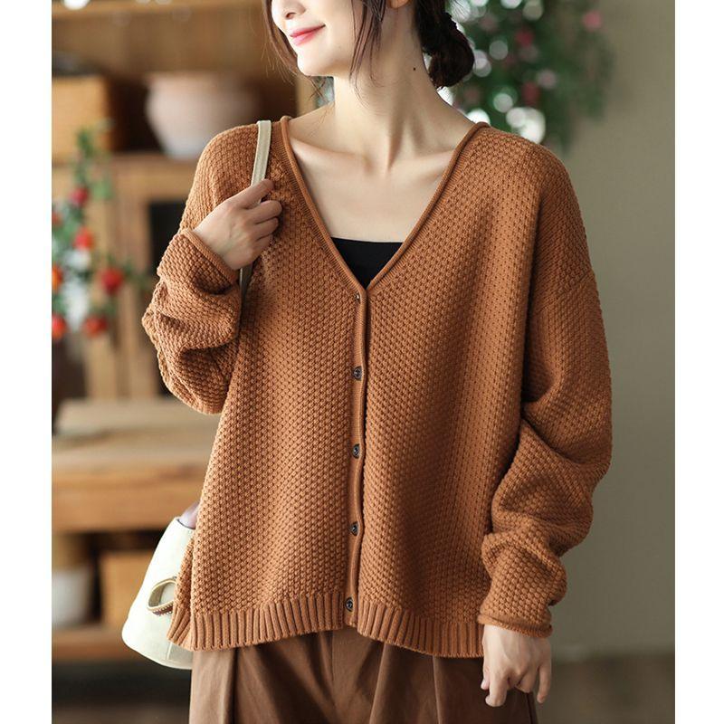 Plus Size Women's Autumn Winter Sweaters Vintage Knitted Cardigan V-neck Full Sleeved Sweater Loose Casual Tops