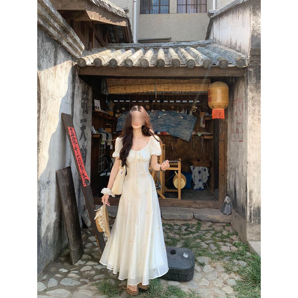 Gentle Wind Temperament Long Dress Summer Bubble Sleeve Strap Square Neck Dress Children Embroidery Hollow