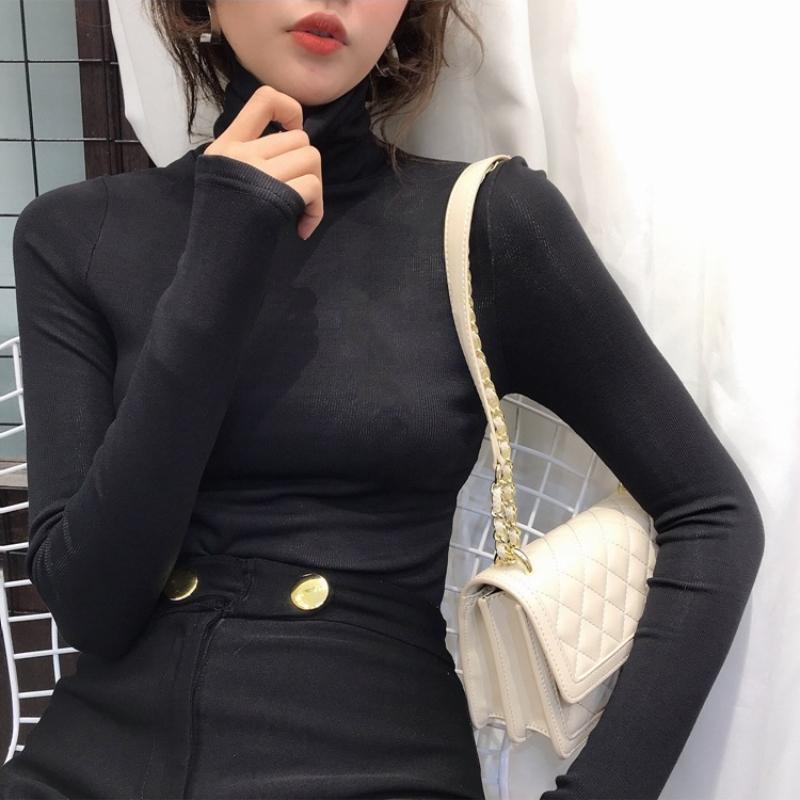 Elegant Threaded Turtleneck Base Shirt Women's Spring Vintage Underwear Thin Slim T-shirt Office Lady Heap Collar Casual Tops 2025 New