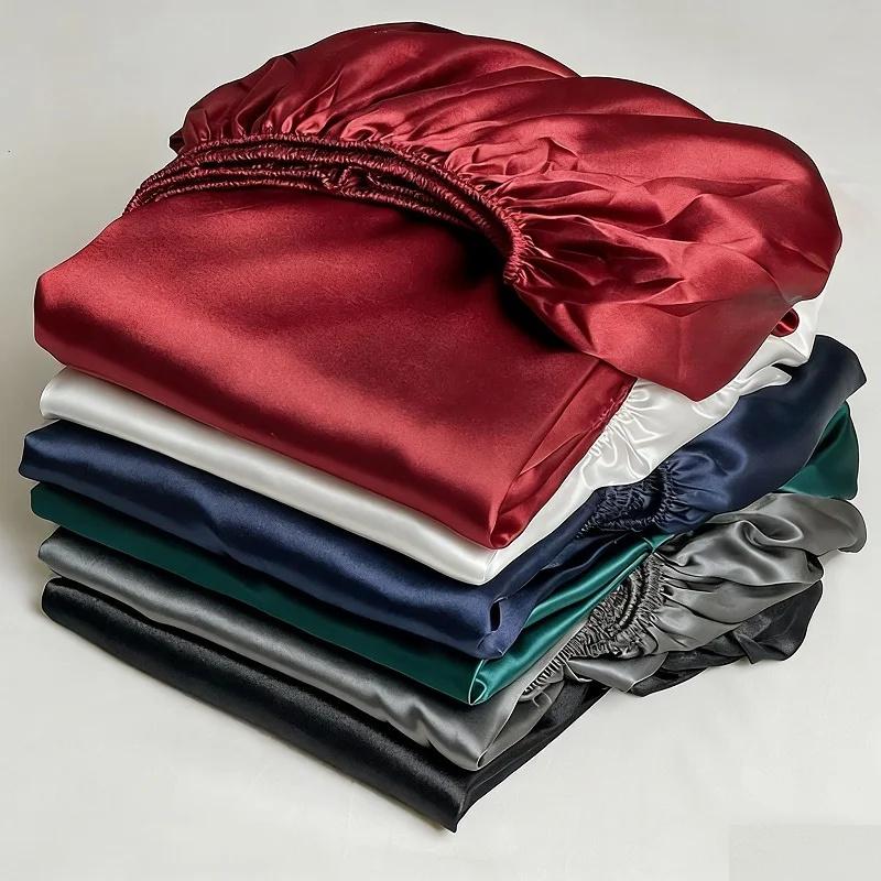 1Pc Satin Elastic Fitted Sheet Solid Mattress Cover for Single Double Couple King Queen Full Twin Bedsheet Satin Bed Linen
