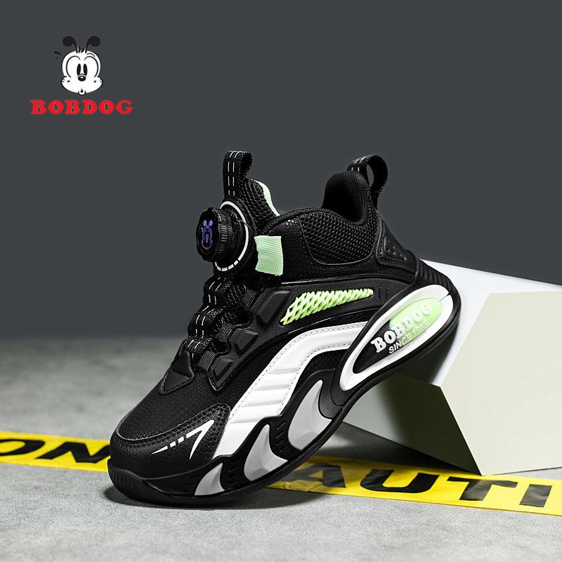 Babu Bean Classmate Boys Fleece Leather Surface Waterproof Sneakers Girls Running Shoes Middle Older Children Rotary Buckle Mesh Shoes