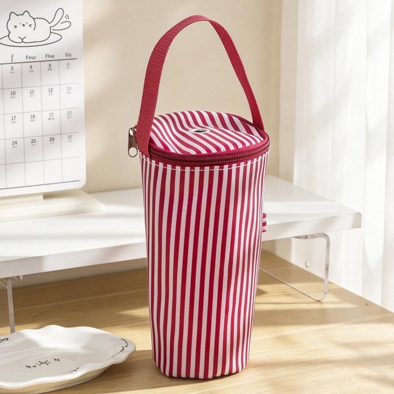 Thermal Lined Striped Tumbler Bag with Handle Insulated Water Bottle Carrier for Commuting Outdoor Activities