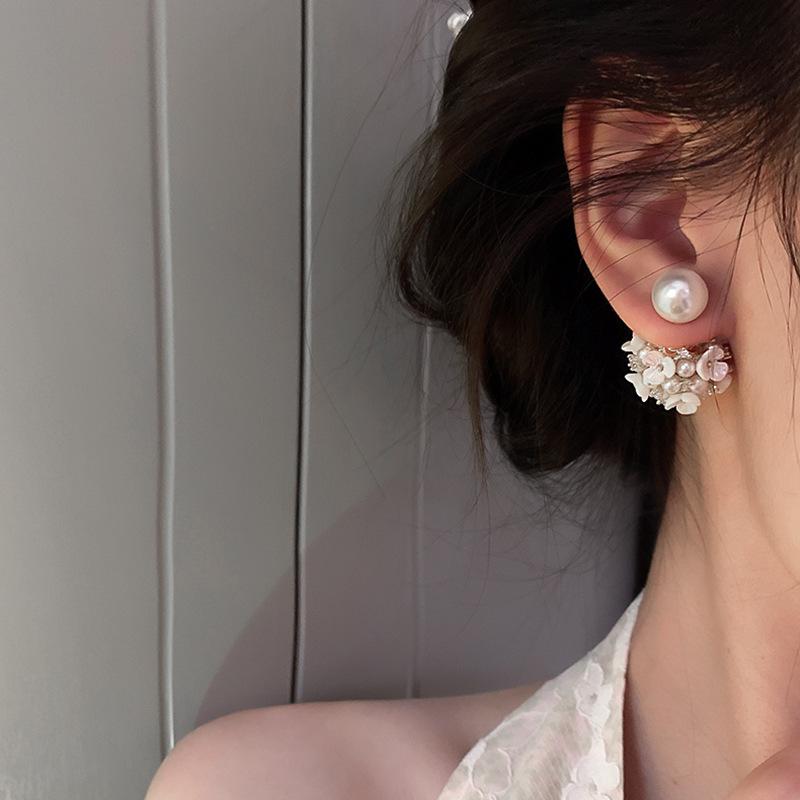 Real Gold Plated 925 Silver Needle Earrings, Natural Freshwater Pearl Flower Drop Earring, Elegant Floral Dangle Stud Earrings For Women Wedding Party