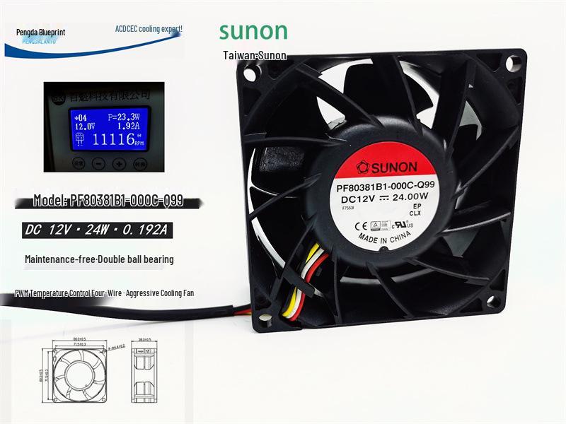 

New PF80381B1-000C-Q99 Double Ball Bearing 12V 24W 8038 High-Speed Temp-Controlled 4-Wire Cooling Fan Motherboard Four-Wire Interface