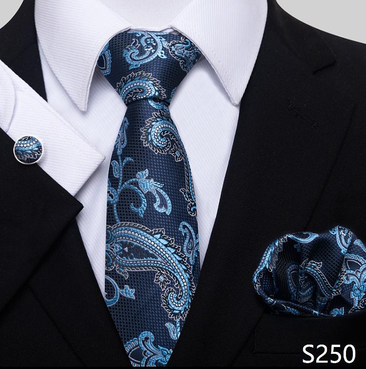 Newest Style Holiday Present Tie Pocket Squares Cufflink Set Necktie Men Dark Blue Wedding Accessories Office Cravat