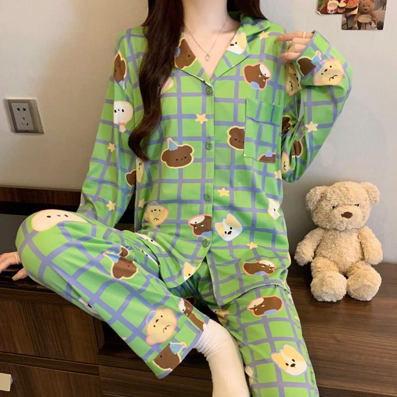 Womens Cute Cartoon Pajamas Set Long Sleeve Loose Loungewear Students Home Wear