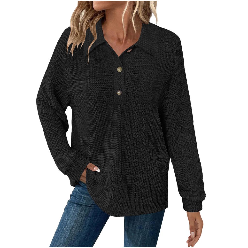 Women's Fashion Long-Sleeve Solid-Color Collared T-Shirt With Button-Up Front And Pocketed Casual Sweatshirt Top