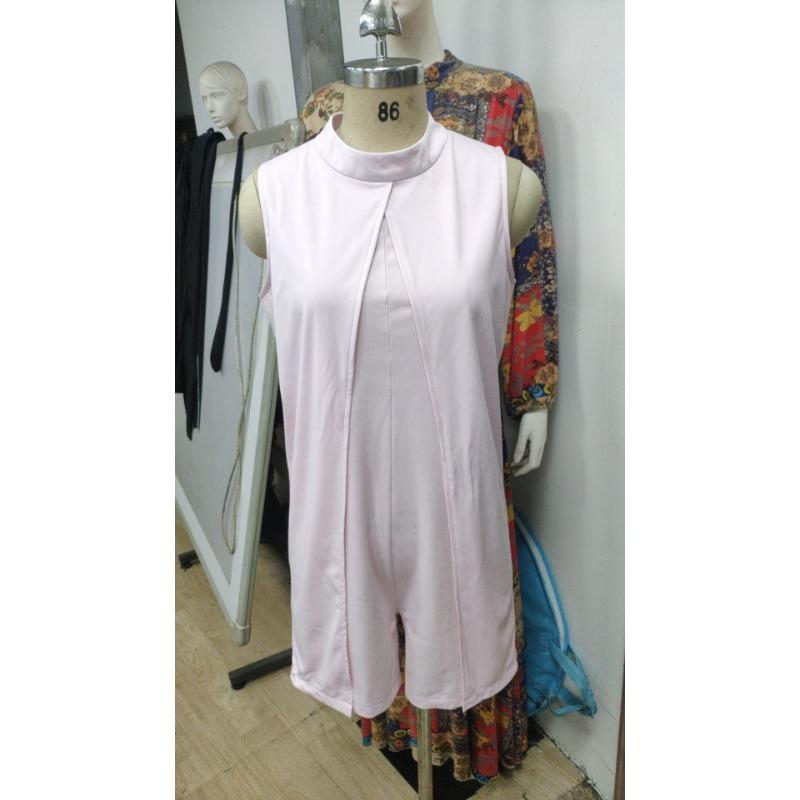Combinaison courte sans manches à col rond pour femme, couleur unie