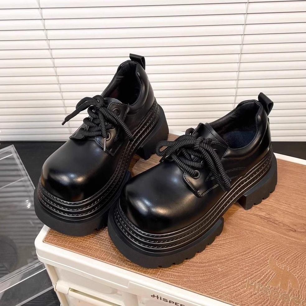 2025 New Muffin Platform Big Head JK Small Leather Shoes Women's Small Derby Shoes British Style Lace-up Loafers