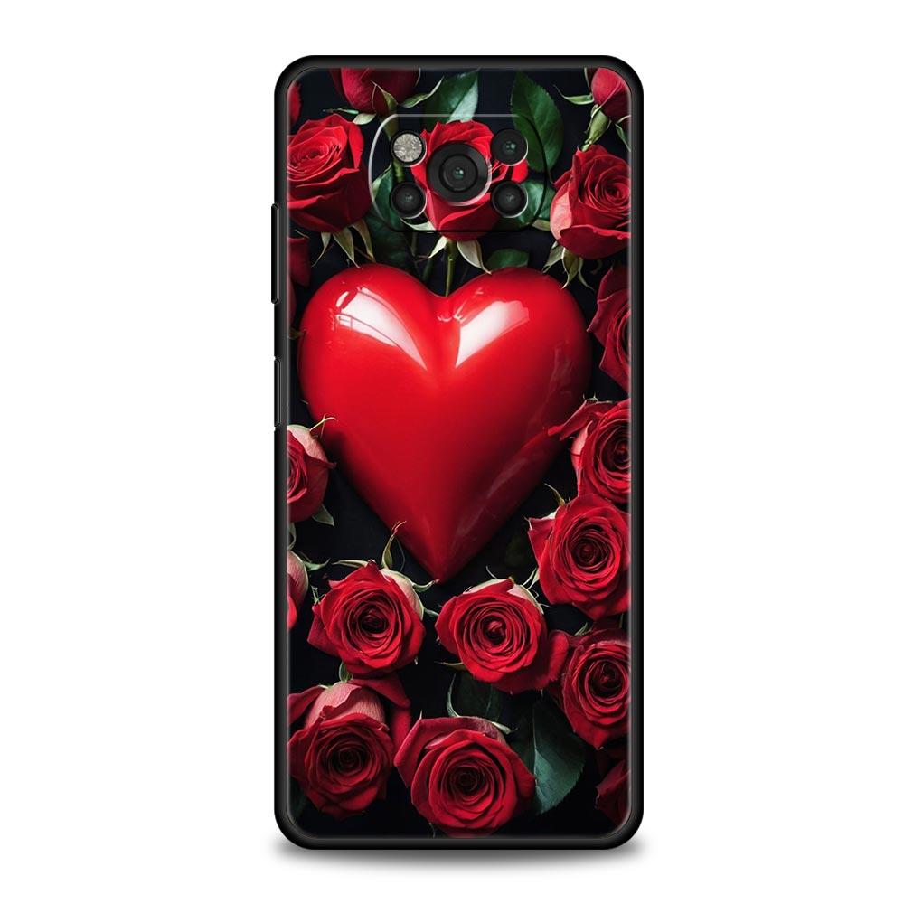 Phone Case For Xiaomi Poco X6 X5 X4 Pro 5G X3 NFC F5 F4 M5 M4 M3 F3 GT C51 C50 C55 Soft Black Cover Beautiful Red Rose Flowers