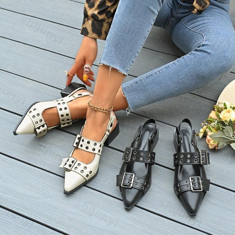 Sanda de damă la modă de vară, cu toc pătrat, vârf ascuțit, cataramă cu curea, sandale romane de damă pentru timpul liber, pantofi retro Mary Jane din piele PU