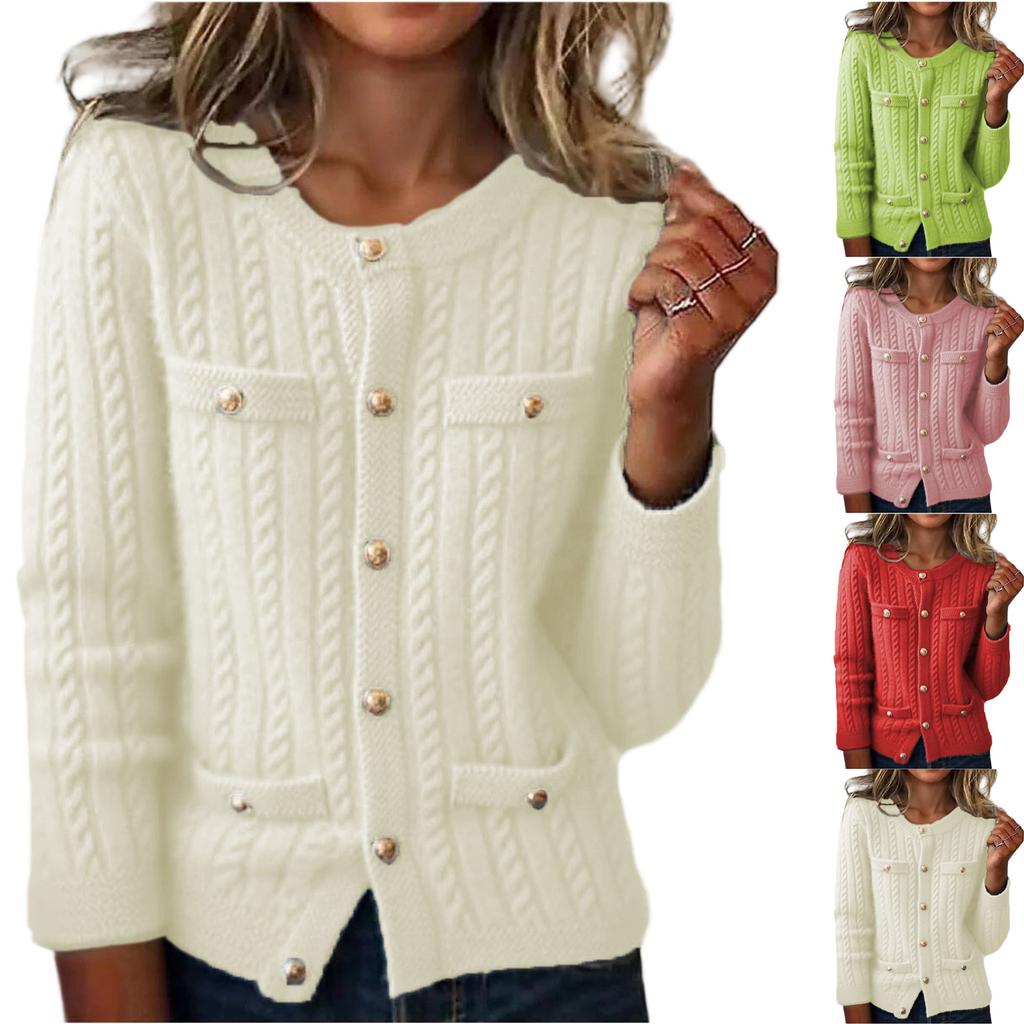 Women's Fashion Casual Single-Breasted Multi-Button Thickened Flower Loose Cardigan Round Neck Long Sleeve Knitted Cardigan Sweater Jacket